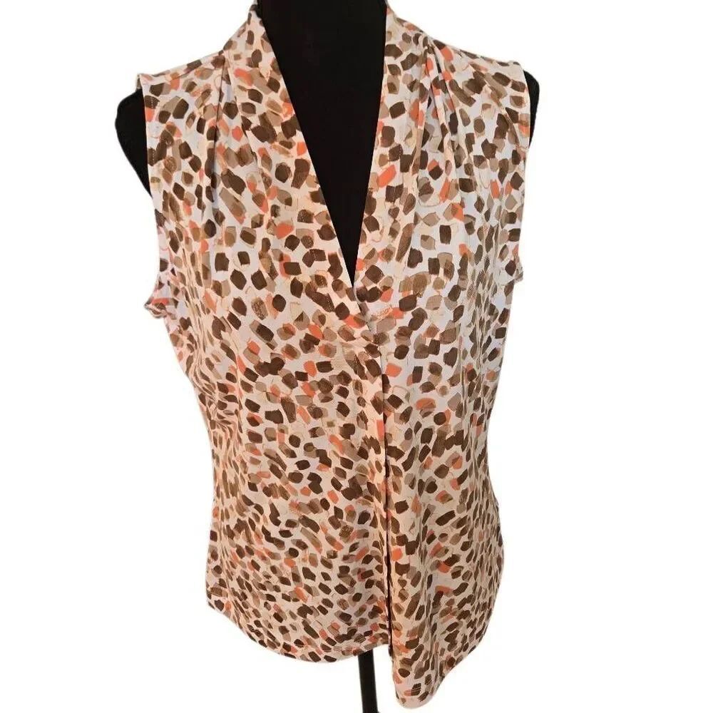 Calvin Klein Womens Abstract Print Sleeveless V-Neck Blouse Multicolor Large